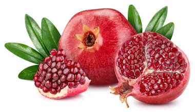 Pomegranate Clipping Path. Ripe whole pomegranate with green leaf and half isolated on white background. Pomegranate macro studio photo