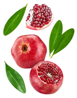 Pomegranate collection with leaves isolated on white background. Pomegranate set Clipping Path. Pomegranate macro studio photo