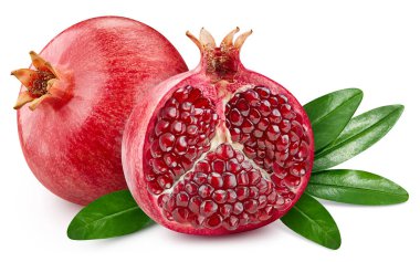Pomegranate with leaves isolated on white background. Pomegranate Clipping Path. Pomegranate macro studio photo