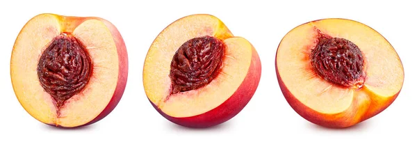 Brzoskwiniowa Połówka Ścieżką Wycinania Brzoskwiniowy Owoc Izolowany Białym Tle Peach — Zdjęcie stockowe