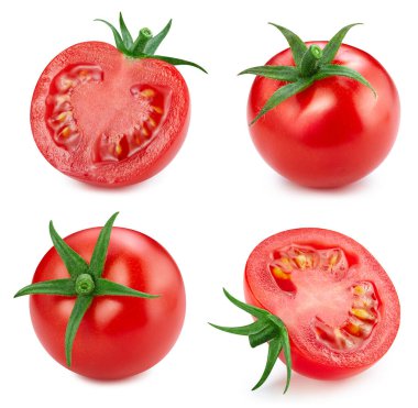 Beyaz arka planda izole edilmiş domates sebzesi. Kesme yolu olan domates. Domates makro stüdyo fotoğrafı.