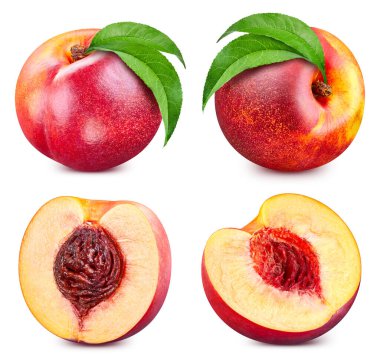 Peach collection with leaves isolated on white background. Peach set Clipping Path. Peach macro studio photo