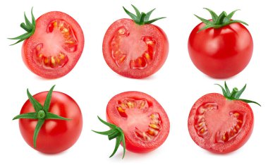 İzole edilmiş domates. Taze organik domates kesme yolu. Domates makro stüdyo fotoğrafı..