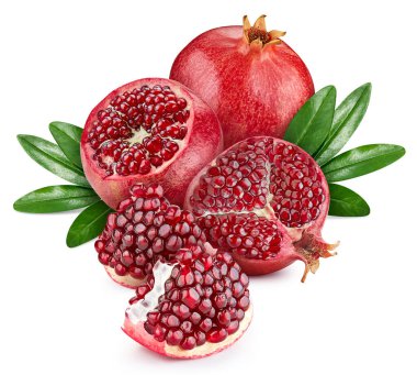 Isolated pomegranate. Fresh organic pomegranate with leaves isolated clipping path. Pomegranate macro studio photo.