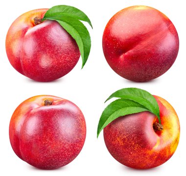 Peach collection with leaves isolated on white background. Peach set Clipping Path. Peach macro studio photo