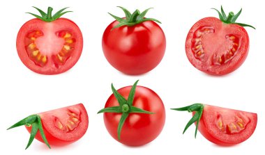 Beyaz arka planda izole edilmiş domates sebzesi. Kesme yolu olan domates. Domates makro stüdyo fotoğrafı.