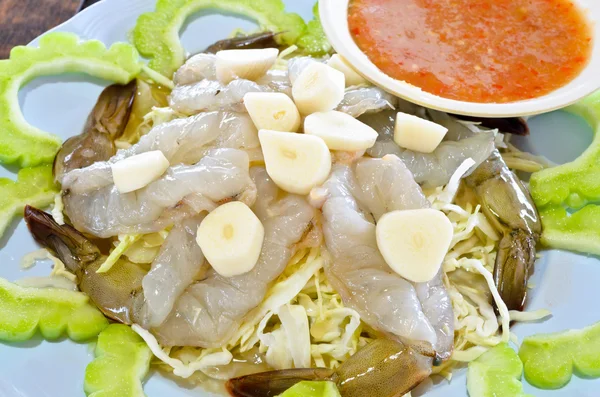 Camarones crudos con salsa de pescado, Mariscos —  Fotos de Stock