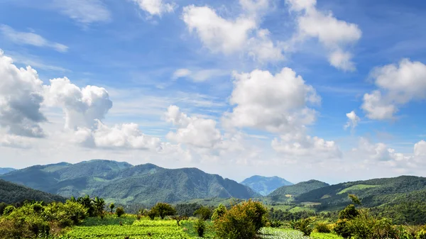 Lindas nuvens e céu acima da cordilheira verde — Fotografia de Stock