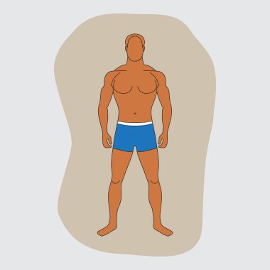 Mavi mayolu bronzlaşmış adam. İnce vücutlu insan silueti. Bronz renkli vücut. Normal kiloda bir erkek. Orta boy vücut yağları olan yetişkin bir karakter. Diyet ve sağlıklı yaşam tarzı sonucu