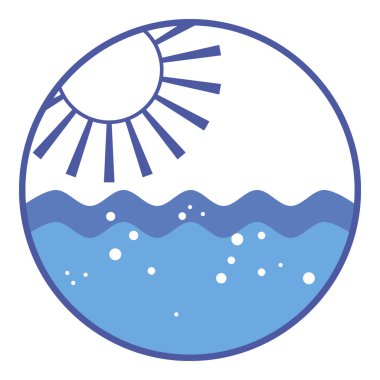 Mavi yuvarlak fok, su ve deniz dalgalarının üzerinde güneş var. Denizci stili çok yönlüdür. Oturma odaları, yatak odaları, ofisler ve çocuk odaları için mükemmel. Rahatlamak ve rahatlamak için deniz dekoru.