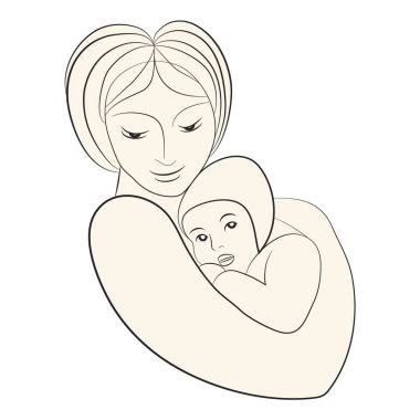 Kollarında çocuk olan bir anne silueti. Güzel kadın ve bebeği. Anne bebeğe dikkatlice sarılıyor. Anne ve çocuk arasındaki ruhsal bağ. Anneler Günü 'nü kutlamak için el çizimi..