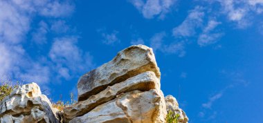 Cape Town Güney Afrika 'daki fynbos çalıları ovalarken engebeli dağ manzarası