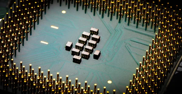Macro Close Microchips Pinos Placa Circuito Processador Cpu Principal — Fotografia de Stock