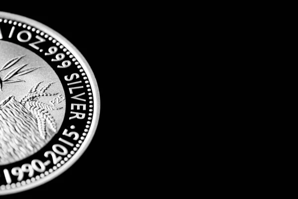 Macro Κοντινό Πλάνο Του Silver Bullion Coin Μαύρο Φόντο Καθρέφτη — Φωτογραφία Αρχείου