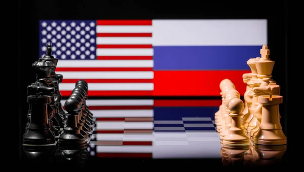 Imagem Conceitual Guerra Entre Estados Unidos Rússia Usando Peças Xadrez — Fotografia de Stock