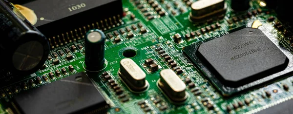 Macro Primo Piano Componenti Microchip Scheda Circuito Del Modem Router — Foto Stock