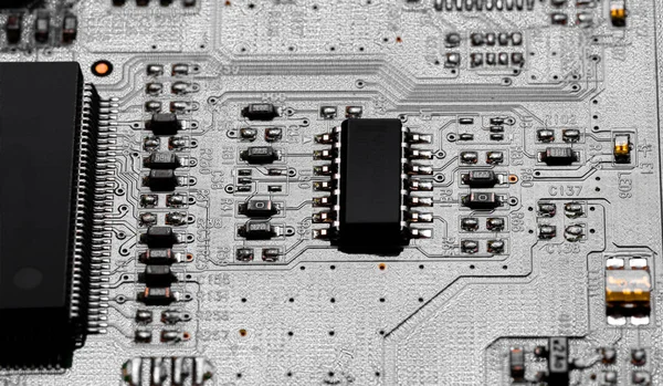 Macro Primo Piano Componenti Microchip Sul Circuito Stampato Del — Foto Stock