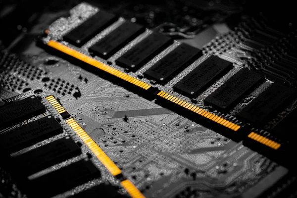 Macro Számítógép Közeli Ram Chip Véletlenszerű Hozzáférés Memória Chip Slot — Stock Fotó