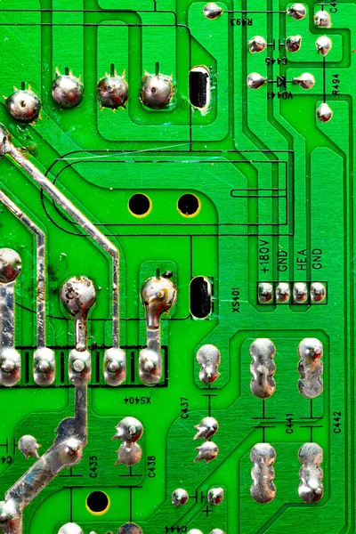 Macro Primer Plano Del Cableado Impreso Vieja Placa Circuito Verde —  Fotos de Stock