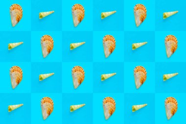 Damalı mavi arkaplan üzerindeki deniz kabuklarının düz duvar kağıdı arkaplan resmi