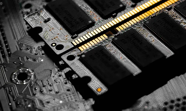 Macro Close Computer Ram Chip Random Access Memory Slot Motherboard — стоковое фото