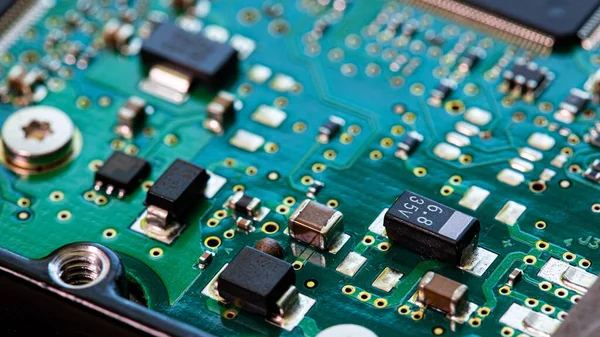 Macro Close Components Microchips Circuit Board Hard Disc Drive — Stock Photo, Image