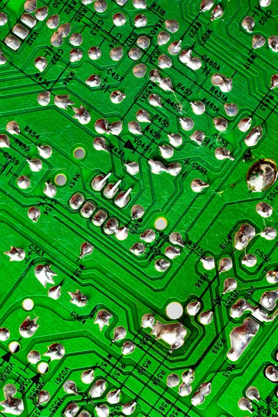 Macro Close Printed Wiring Old Green Circuit Board — Stock Photo, Image