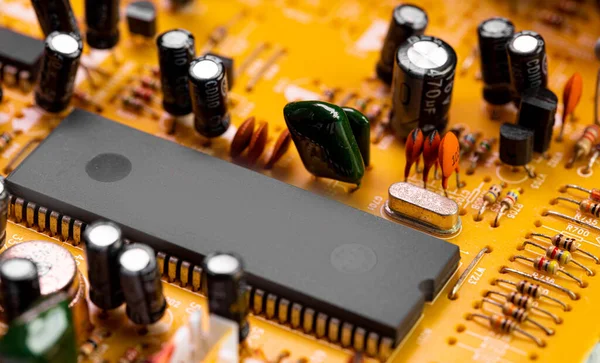 Macro Cierre Componentes Microchips Placa Circuito Antigua —  Fotos de Stock