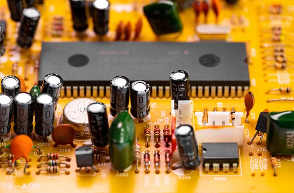 Macro Close Componentes Microchips Placa Circuito Antigo — Fotografia de Stock