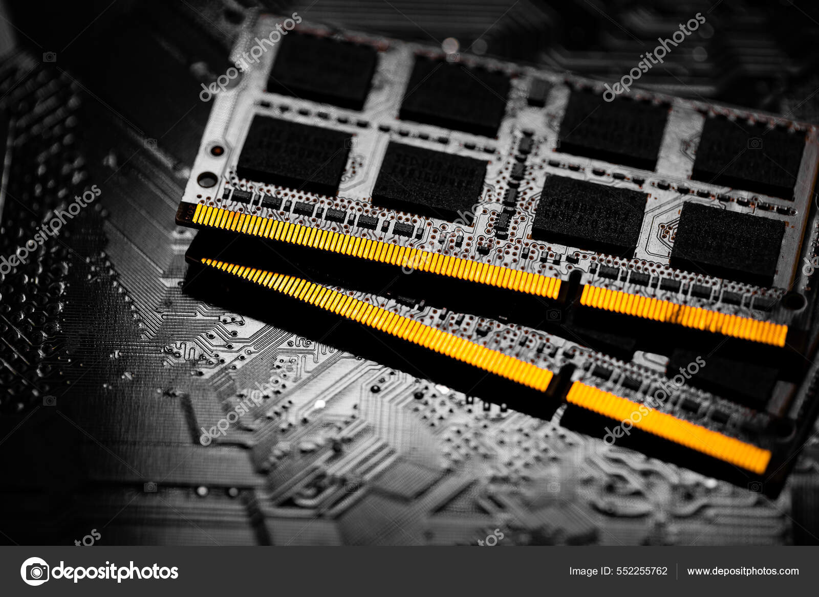 Macro Close Computer Ram Chip Motherboard Dark Background — Stock Photo