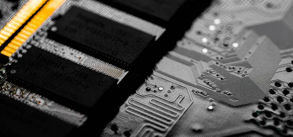 Macro Fechar Chip Memória Ram Computador Slot Memória Acesso Aleatório — Fotografia de Stock