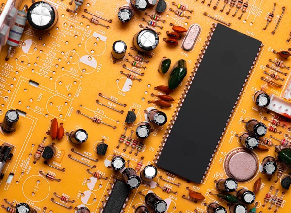 Macro Close Componentes Microchips Placa Circuito Antigo — Fotografia de Stock