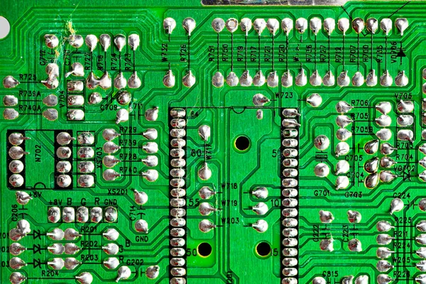 Macro Primer Plano Del Cableado Impreso Vieja Placa Circuito Verde —  Fotos de Stock