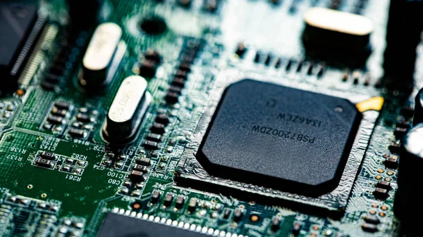 Macro Cierre Componentes Microchips Placa Circuito Del Router Módem — Foto de Stock
