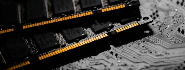 Macro Primer Plano Del Chip Ram Computadora Ranura Chip Memoria — Foto de Stock