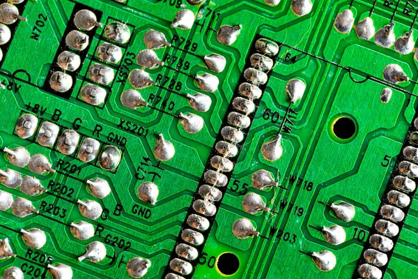 Macro Primer Plano Del Cableado Impreso Vieja Placa Circuito Verde —  Fotos de Stock