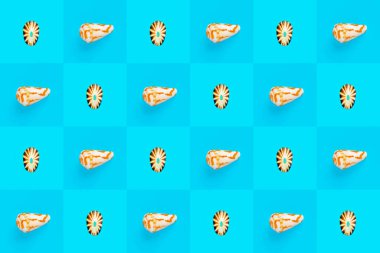 Damalı mavi arkaplan üzerindeki deniz kabuklarının düz duvar kağıdı arkaplan resmi