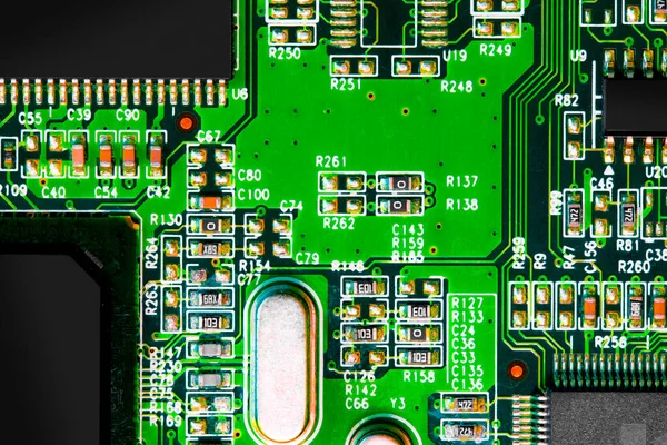 Macro Close Componentes Microchips Placa Circuito — Fotografia de Stock