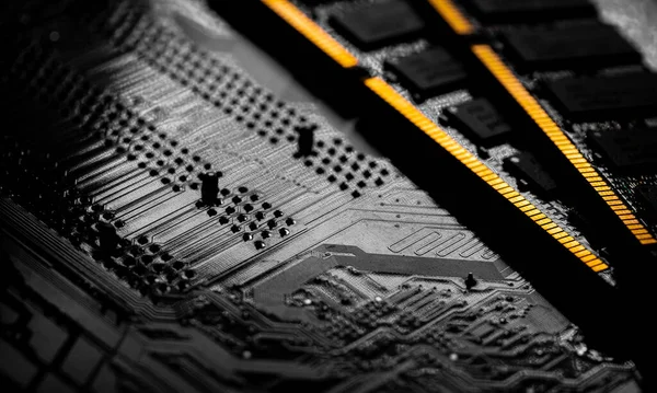 Macro Fechar Chip Memória Ram Computador Slot Memória Acesso Aleatório — Fotografia de Stock