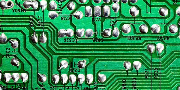 Macro Primer Plano Del Cableado Impreso Vieja Placa Circuito Verde —  Fotos de Stock