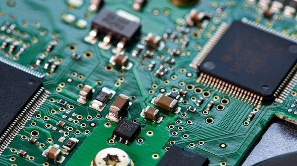 Macro Close Components Microchips Circuit Board Hard Disc Drive — Stock Photo, Image