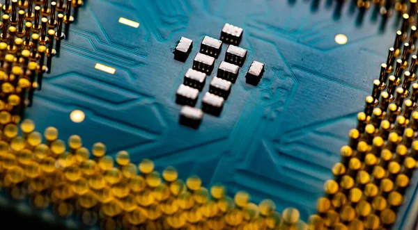 Macro Close Microchips Pinos Placa Circuito Processador Cpu Principal — Fotografia de Stock