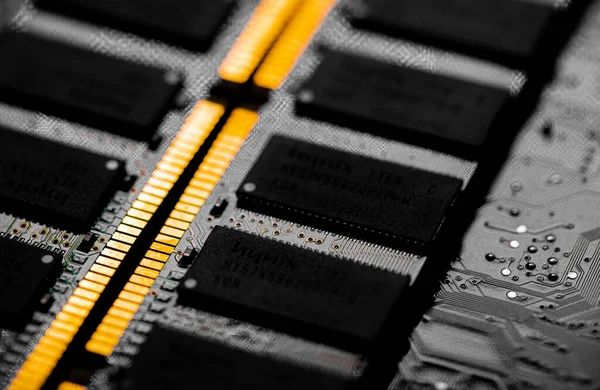 Macro Close up of computer RAM chip; random access memory chip slot for PC motherboard