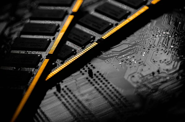 Macro Fechar Chip Memória Ram Computador Slot Memória Acesso Aleatório — Fotografia de Stock