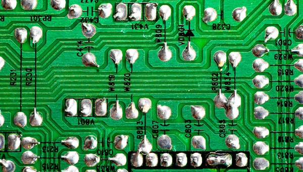 Macro Primer Plano Del Cableado Impreso Vieja Placa Circuito Verde — Foto de Stock