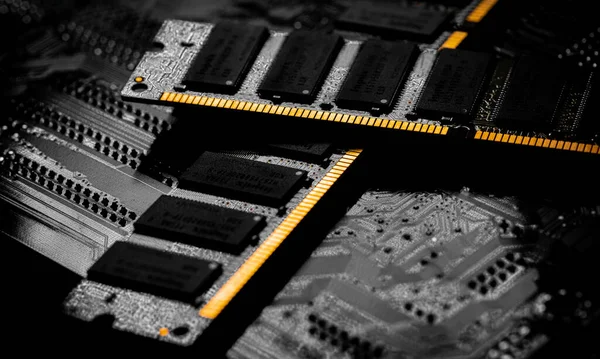 Macro Primer Plano Del Chip Ram Computadora Ranura Chip Memoria — Foto de Stock