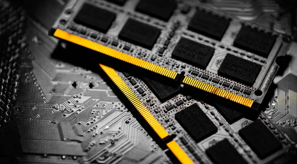 Macro Close Van Computer Ram Chip Moederbord Donkere Achtergrond — Stockfoto