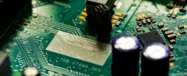 Macro Cierre Componentes Microchips Placa Circuito Del Router Módem — Foto de Stock