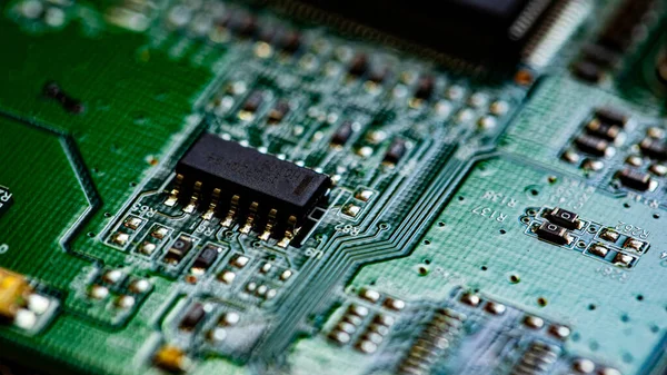 Makro Närbild Komponenter Och Mikrochips Kretskort Modem Router — Stockfoto