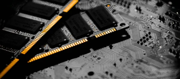 Macro Fechar Chip Memória Ram Computador Slot Memória Acesso Aleatório — Fotografia de Stock